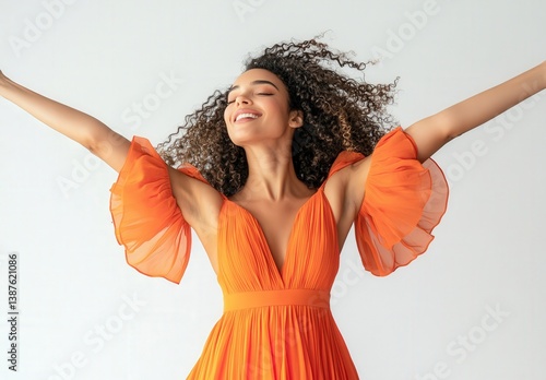 A woman in an orange dress is smiling and waving her arms. The dress is long and flowy, and the woman's hair is styled in a way that makes her look happy and carefree