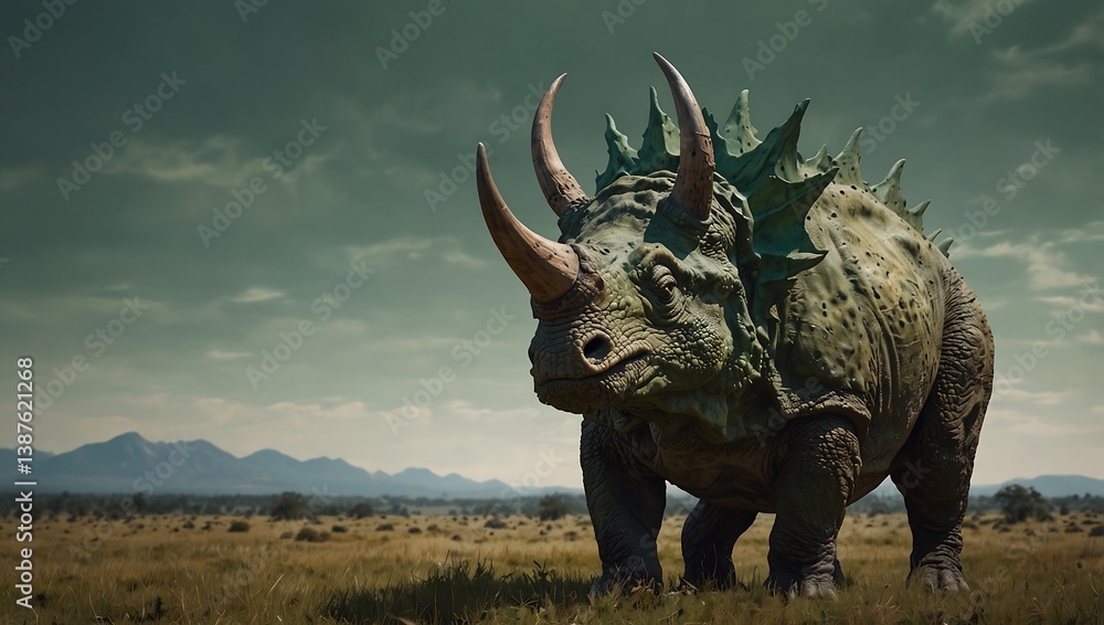 Fototapeta premium Standing Dinosaur in Open Field with Distant Mountains and Cloudy Sky