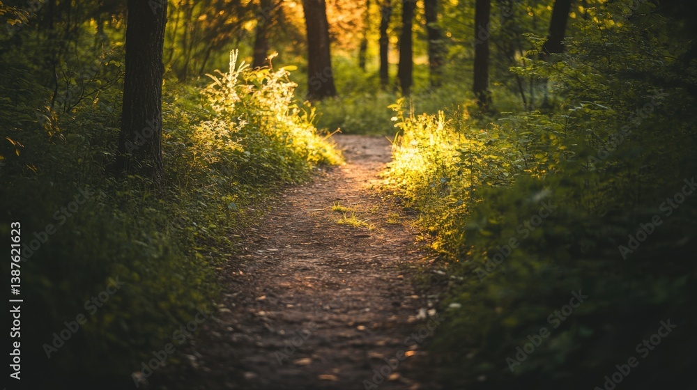 Fototapeta premium Golden sunlight illuminates a tranquil forest path, evoking peace and natural harmony.