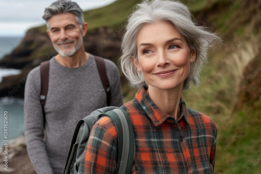 Mature couple with backpacks enjoys hiking outdoors near a coastal view.
Mature couple with backpacks enjoys hiking outdoors near a coastal view.