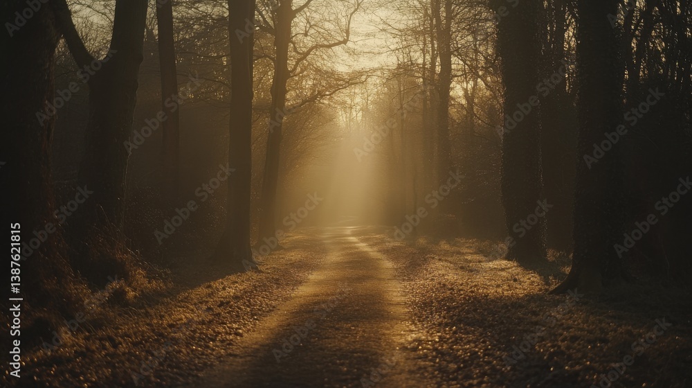 Fototapeta premium Golden sunlight illuminates a tranquil forest path, evoking peace and natural harmony.