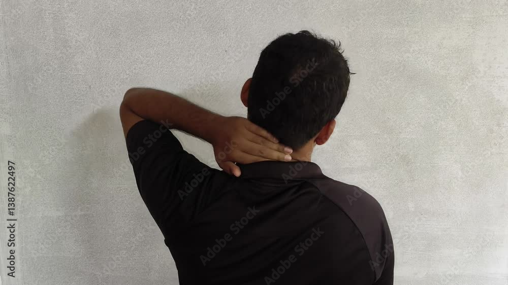 Uncomfortable young indian person stretching painful neck muscles and massage with hand. Closeup back view. Neck pain, discomfort, ache, strain, cramp, injury, disease and arthritis concept. Uncomfortable young indian person stretching painful neck muscles and massage with hand. Closeup back view. Neck pain, discomfort, ache, strain, cramp, injury, disease and arthritis concept.