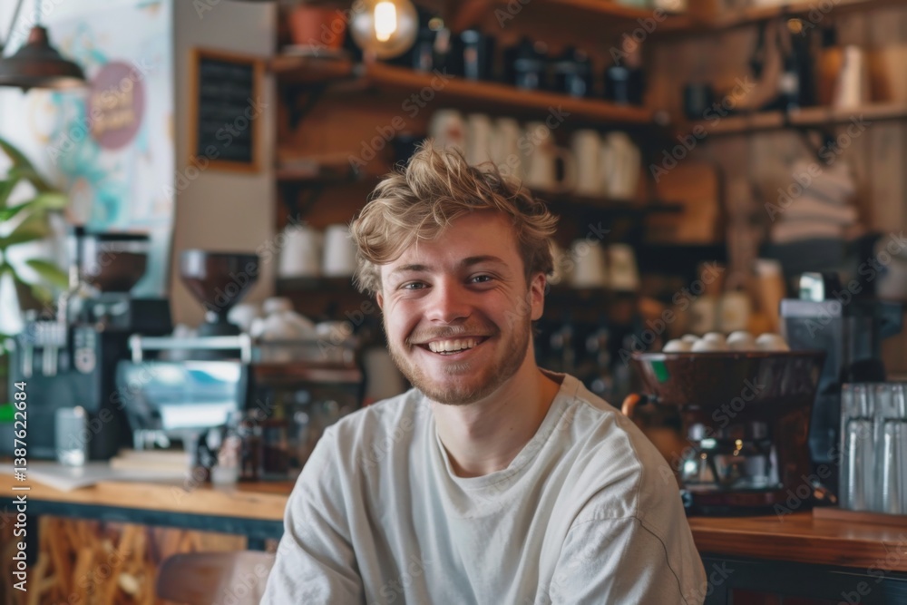 Obraz premium Portrait of a smiling young Caucasian man in a coffee shop