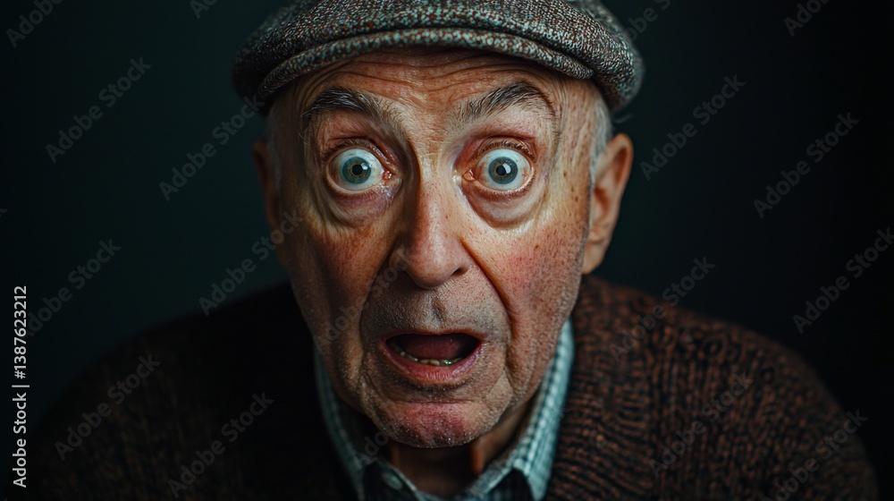 An elderly man displays surprise with wide-open eyes and an expressive face, capturing a moment filled with astonishment and deep emotional reaction. An elderly man displays surprise with wide-open eyes and an expressive face, capturing a moment filled with astonishment and deep emotional reaction.