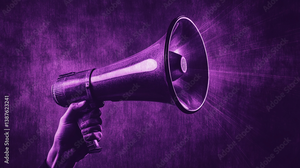 Purple megaphone in hand against a textured purple background, symbolizing announcement, communication, marketing, or public address Purple megaphone in hand against a textured purple background, symbolizing announcement, communication, marketing, or public address