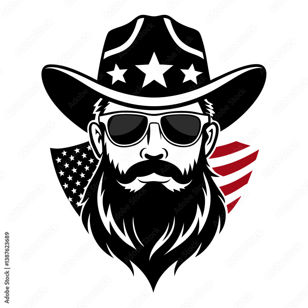 Silhouette of a cowboy with beard and american flag design. Silhouette of a cowboy with beard and american flag design.