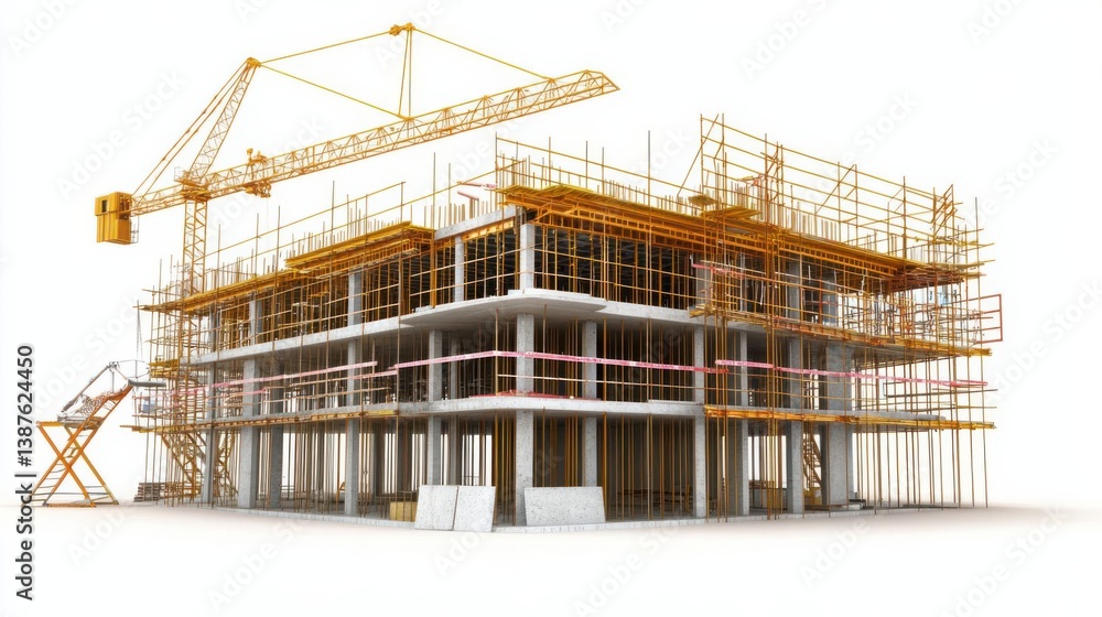 Construction site showcasing a multi-story building under development with scaffolding and crane Construction site showcasing a multi-story building under development with scaffolding and crane