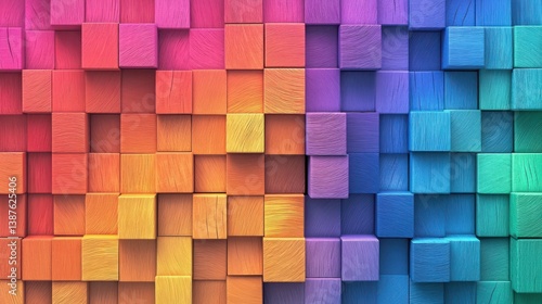 Abstract geometric rainbow colors colored 3d wooden square cubes texture wall background banner illustration panorama long, textured wood wallpaper (Generative Ai).