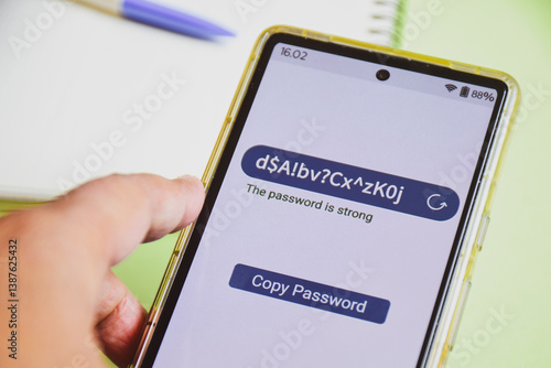 Woman using his phone to generate strong password online using mobile applications. Password length containing alphanumeric characters on mobile screen. Selective focus.
