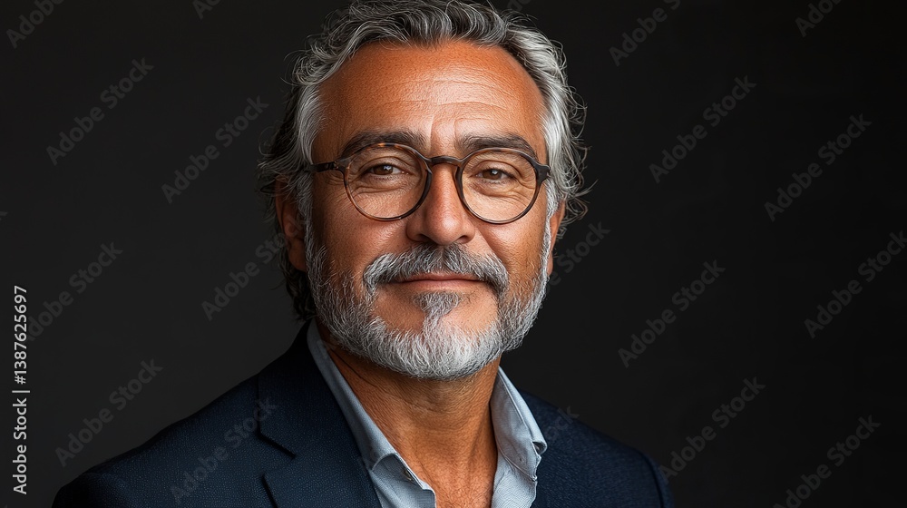Portrait of handsome mature businessman with glasses and beard in suit on dark background professional headshot Portrait of handsome mature businessman with glasses and beard in suit on dark background professional headshot