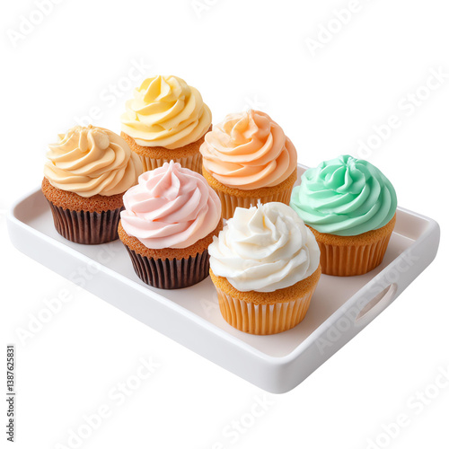 Isolated trasparent Png Colorful cupcakes with vibrant frosting displayed.