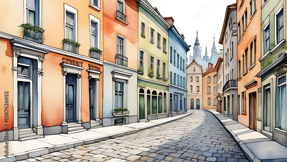 Fototapeta premium Walking along watercolor city street with colorful European style buildings