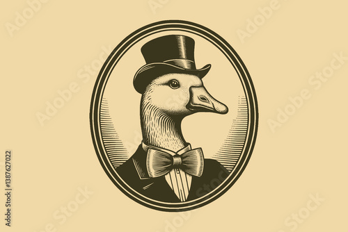 Goose in top hat and bow tie, vintage  engraving oval portrait icon, elegant