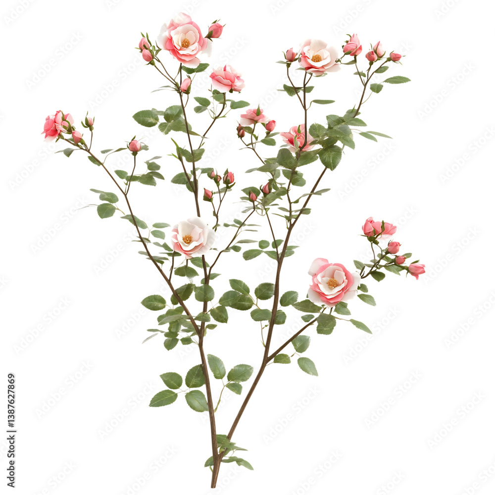 Pink Rose Bush with Green Leaves Isolated on Transparent Background Pink Rose Bush with Green Leaves Isolated on Transparent Background