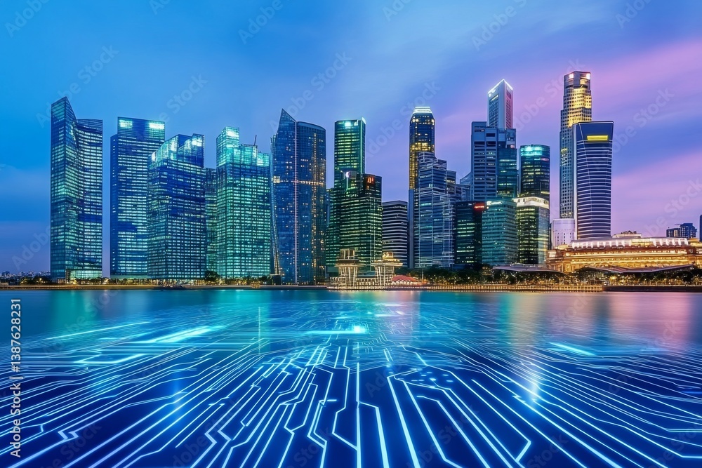 Fototapeta premium A high-tech business district where cybernetic investors acquire companies through blockchain transactions