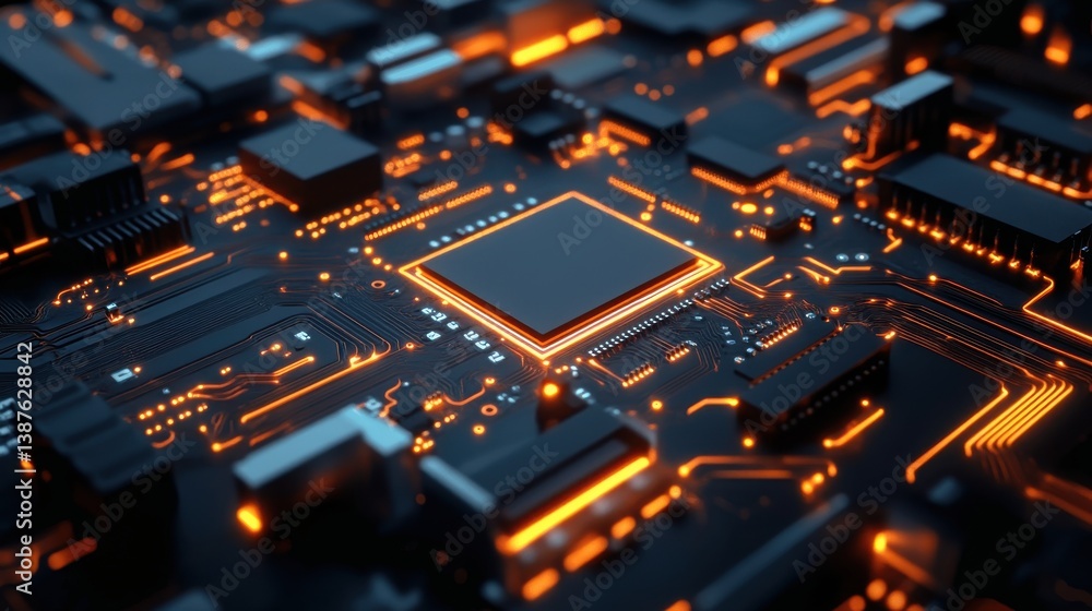 Abstract PCB with microchip and glowing tracks. Abstract PCB with microchip and glowing tracks.