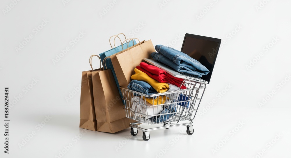Fototapeta premium Shopping Cart Full of Clothes with Laptop and Paper Bags