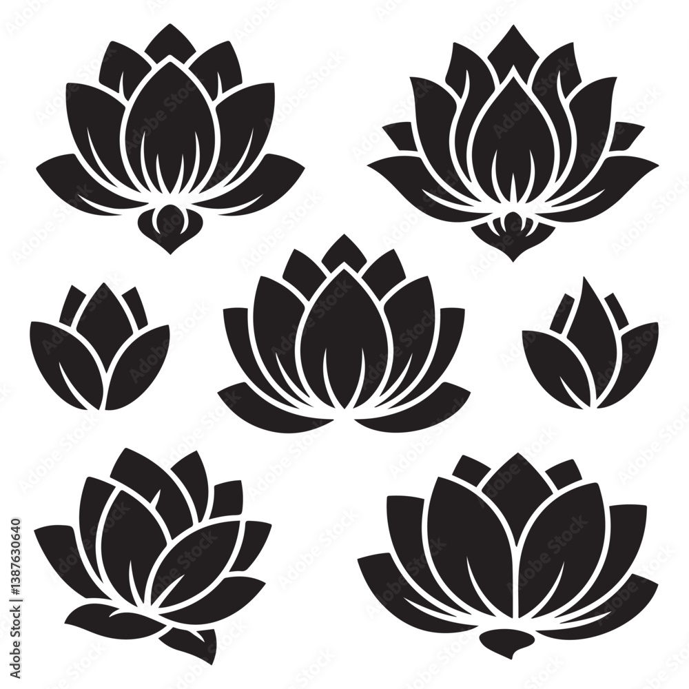 Set of Silhouette Vector Black of lotus flowers. with white background Set of Silhouette Vector Black of lotus flowers. with white background