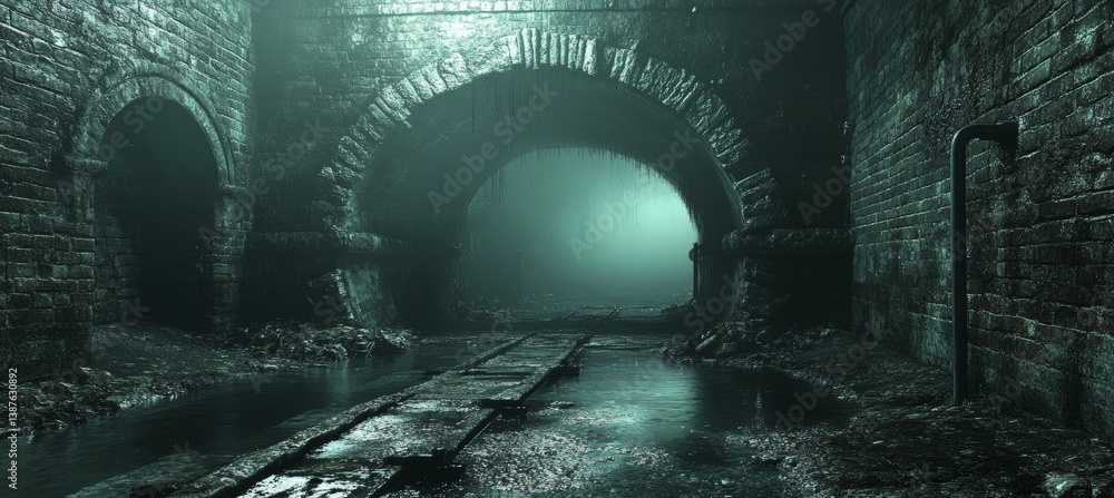 Ancient old underground sewage tunnel from stone structure with horror misty scene. Environment chemical polluted damage. Generative AI technology.