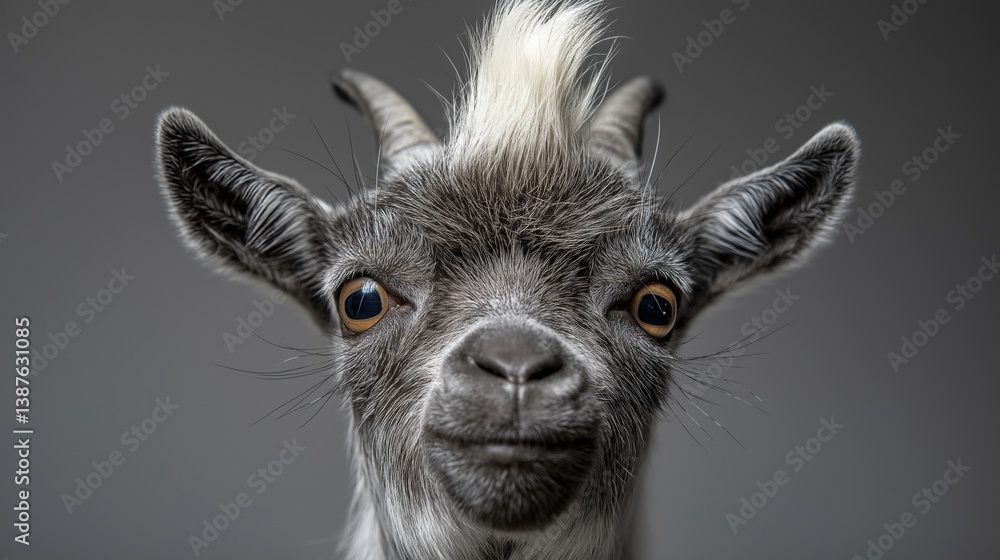 Obraz premium A goat with a white spot on its head is staring at the camera. The goat has a black nose and a black eye