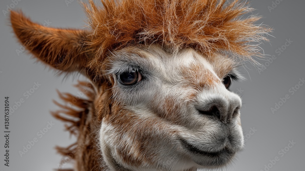 Fototapeta premium A brown and white llama with a fluffy mane and a big smile. The llama's eyes are closed, and it is enjoying the moment