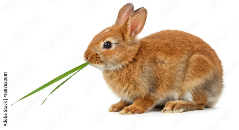Fototapeta premium Rabbit Eating Grass Isolated on White Background Pet Animal