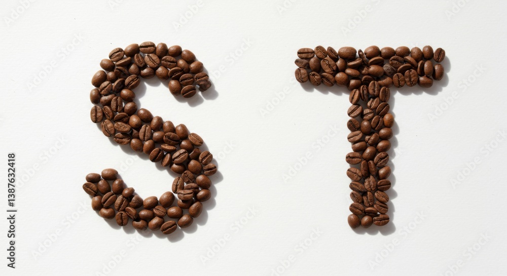 Coffee Bean Letters Spelling St on White Background Represents Texture Coffee Bean Letters Spelling St on White Background Represents Texture