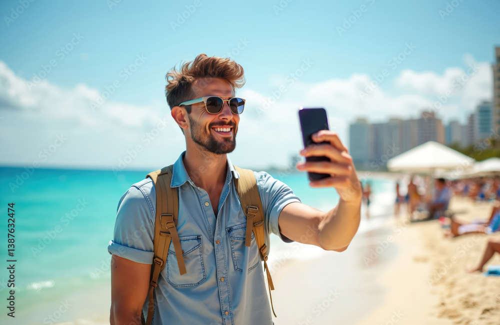 Handsome young man takes selfie with mobile phone on beach. Cheerful tourist enjoys summer at sea. Happy guy smiles for photo on vacation. Travel lifestyle concept.