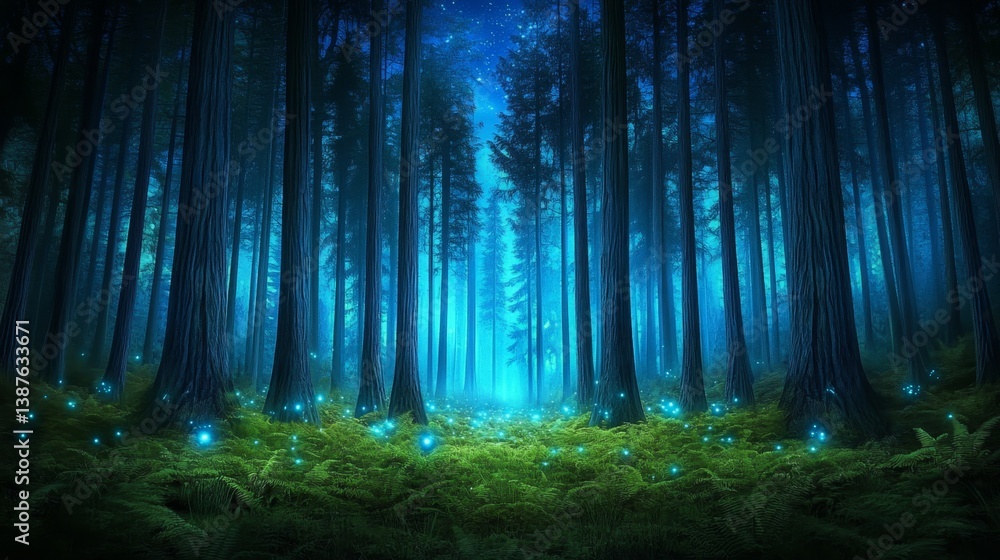 Naklejka premium A magical enchanted forest where children discover glowing fireflies and talking animals