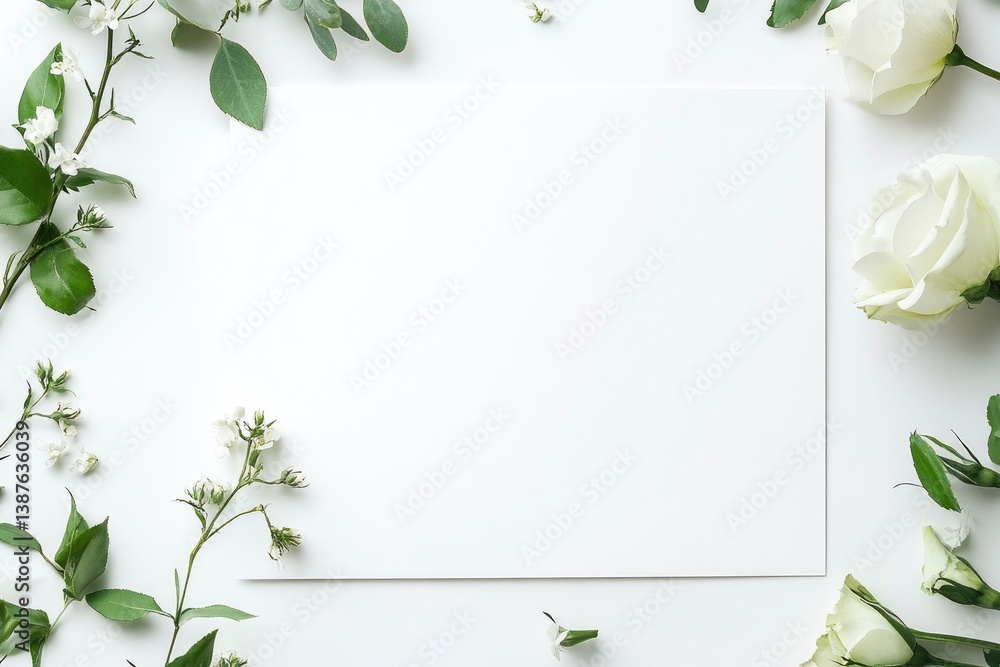 Naklejka premium Elegant White Roses and Flowers Framing Blank Card Invitation Design