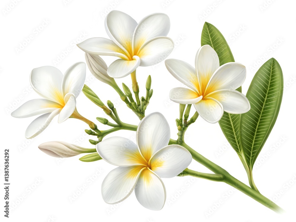 White Frangipani Flower in Full Bloom on a White Background White Frangipani Flower in Full Bloom on a White Background