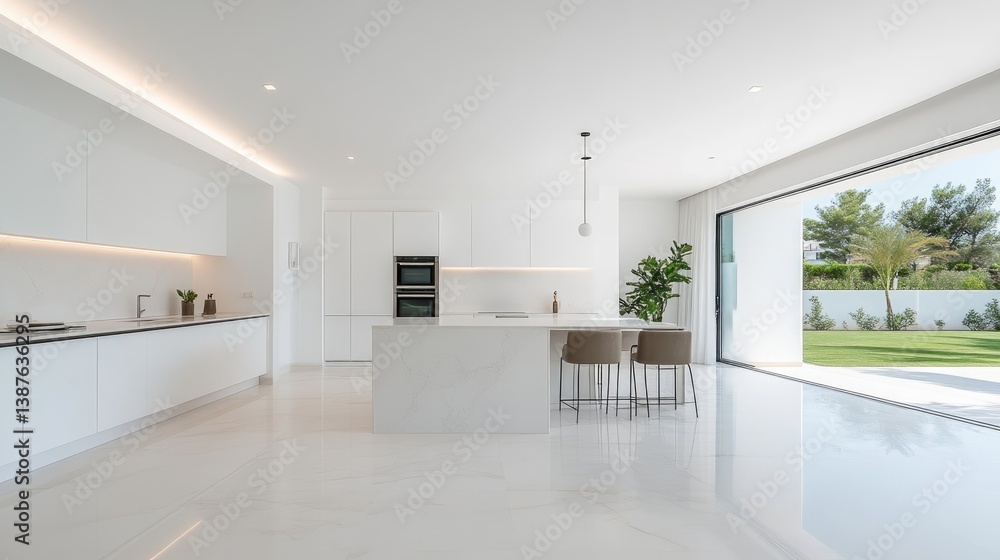 A minimalist white kitchen features sleek cabinetry and a large island. Two modern stools sit at the island. Sliding glass doors open to a sunny garden. The image is brightly lit, high-resolution, a A minimalist white kitchen features sleek cabinetry and a large island. Two modern stools sit at the island. Sliding glass doors open to a sunny garden. The image is brightly lit, high-resolution, a