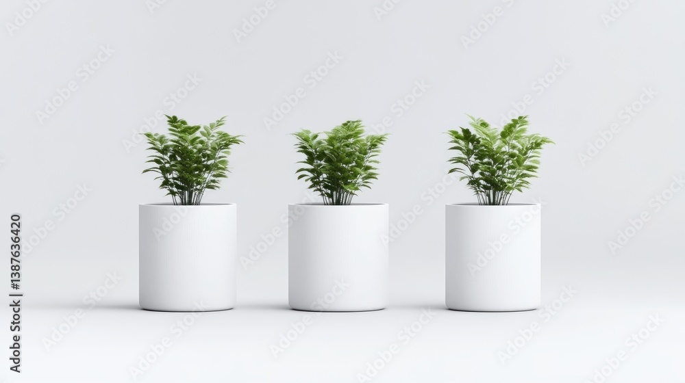 Obraz premium Three potted plants in white cylindrical containers against a plain white background. A minimalist, modern, and clean design