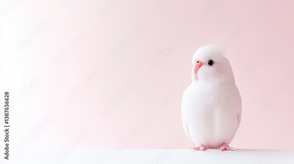 A cute white bird standing on a white surface against a soft pink background, minimalistic composition, and serene and peaceful atmosphere. A cute white bird standing on a white surface against a soft pink background, minimalistic composition, and serene and peaceful atmosphere.