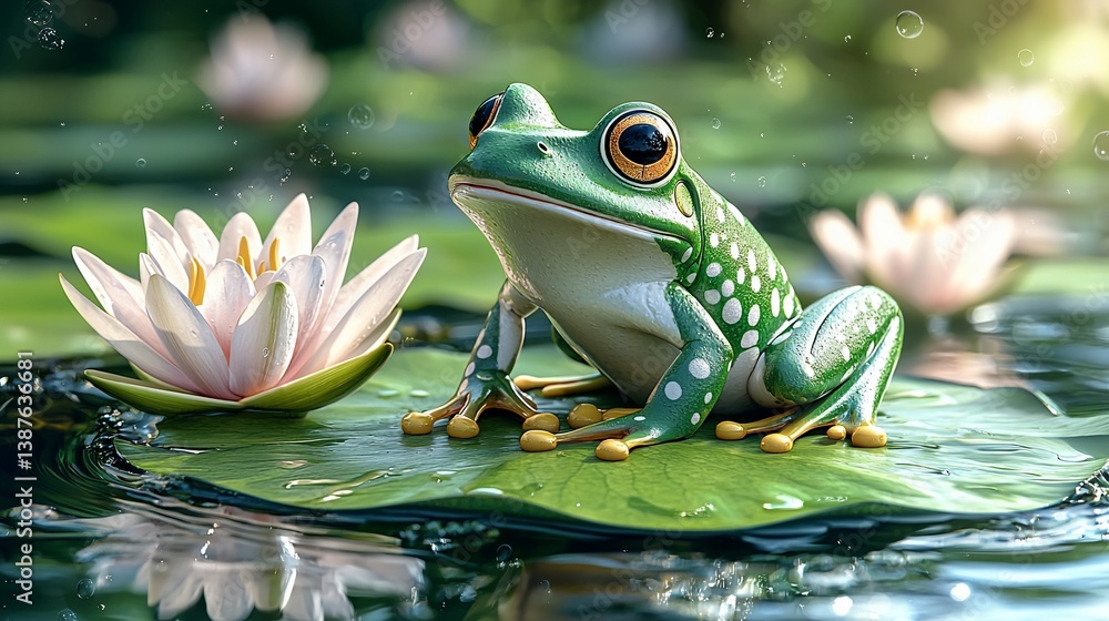 Frog on Lily Pad, Sunny Pond Frog on Lily Pad, Sunny Pond