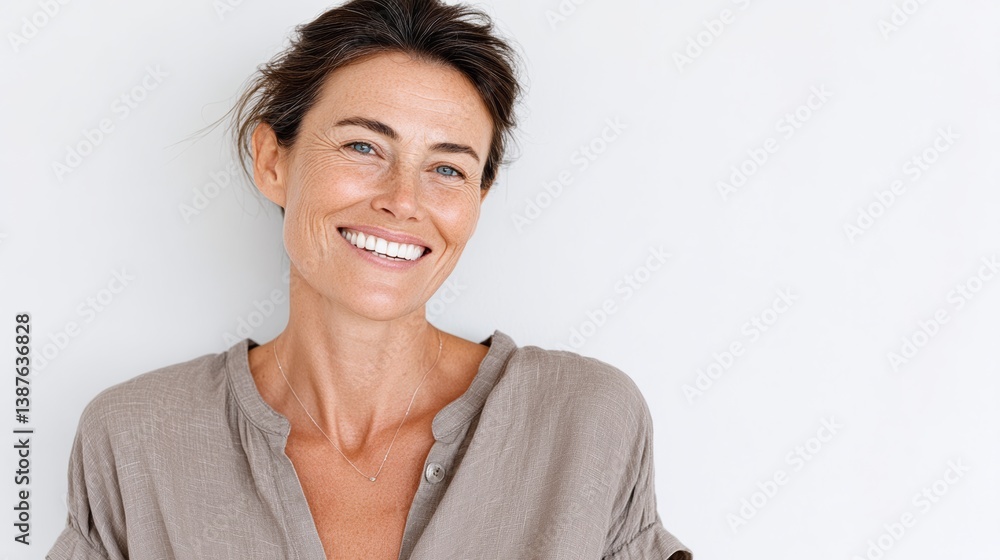 Woman with a necklace is smiling. The necklace is silver and has a pendant. The woman is wearing a brown shirt Woman with a necklace is smiling. The necklace is silver and has a pendant. The woman is wearing a brown shirt