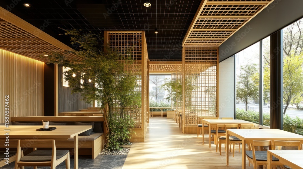 Modern Japanese Restaurant Interior with Bamboo Screens Modern Japanese Restaurant Interior with Bamboo Screens
