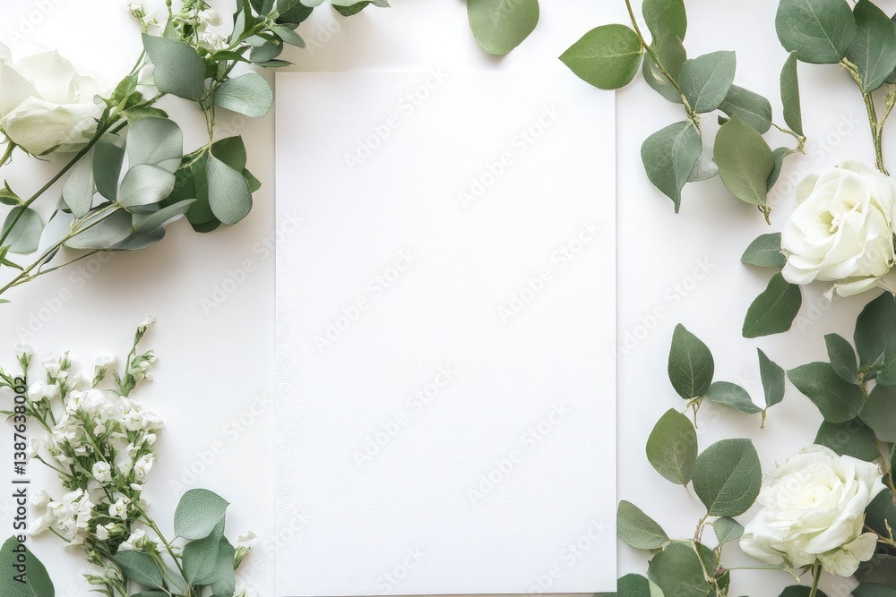 Fototapeta premium Elegant White Blank Card with Roses and Eucalyptus Border Design