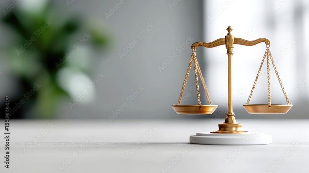 Justice Scales on Table Minimalist Style High-resolution Soft Lighting Centered Close-up Shot Balance Concept Blurred Office Backdrop Gold and White Tones Ideal for Legal Branding Justice Scales on Table Minimalist Style High-resolution Soft Lighting Centered Close-up Shot Balance Concept Blurred Office Backdrop Gold and White Tones Ideal for Legal Branding