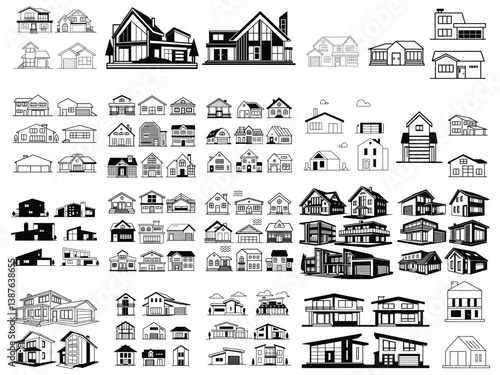 Variety of House Icon Set Silhouette, Home Outlines, Different House Types