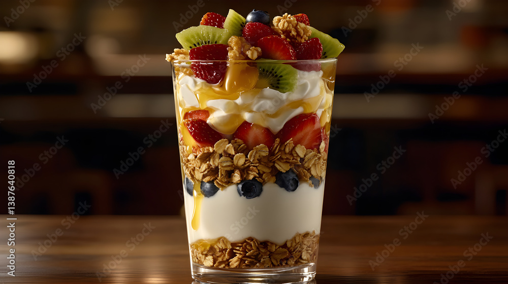 Luscious Yogurt Parfait with Fresh Fruits and Crunchy Granola, Drizzled with Honey in Clear Glass Luscious Yogurt Parfait with Fresh Fruits and Crunchy Granola, Drizzled with Honey in Clear Glass