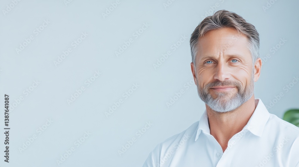 Obraz premium A portrait shows a middle-aged man with graying hair and a beard, smiling gently. He wears a crisp white shirt. The background is a plain light blue. The image is high quality, well-lit, and feature