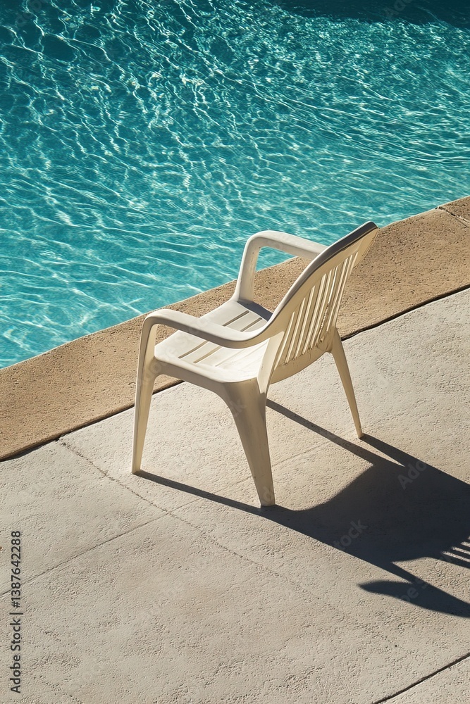 Fototapeta premium Empty white plastic chair by poolside on sunny day