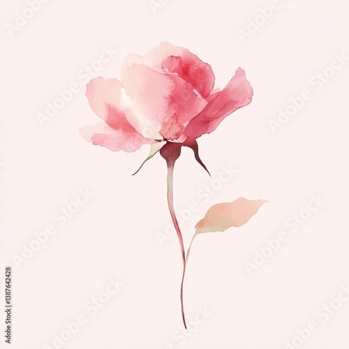 Elegant pink watercolor rose with delicate petals and leaf