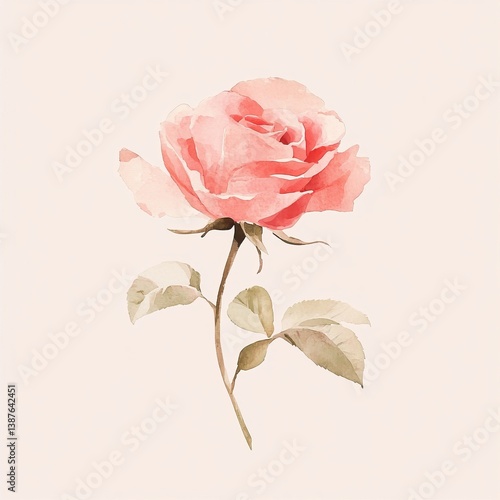 Delicate pink rose blossom with green leaves on soft background