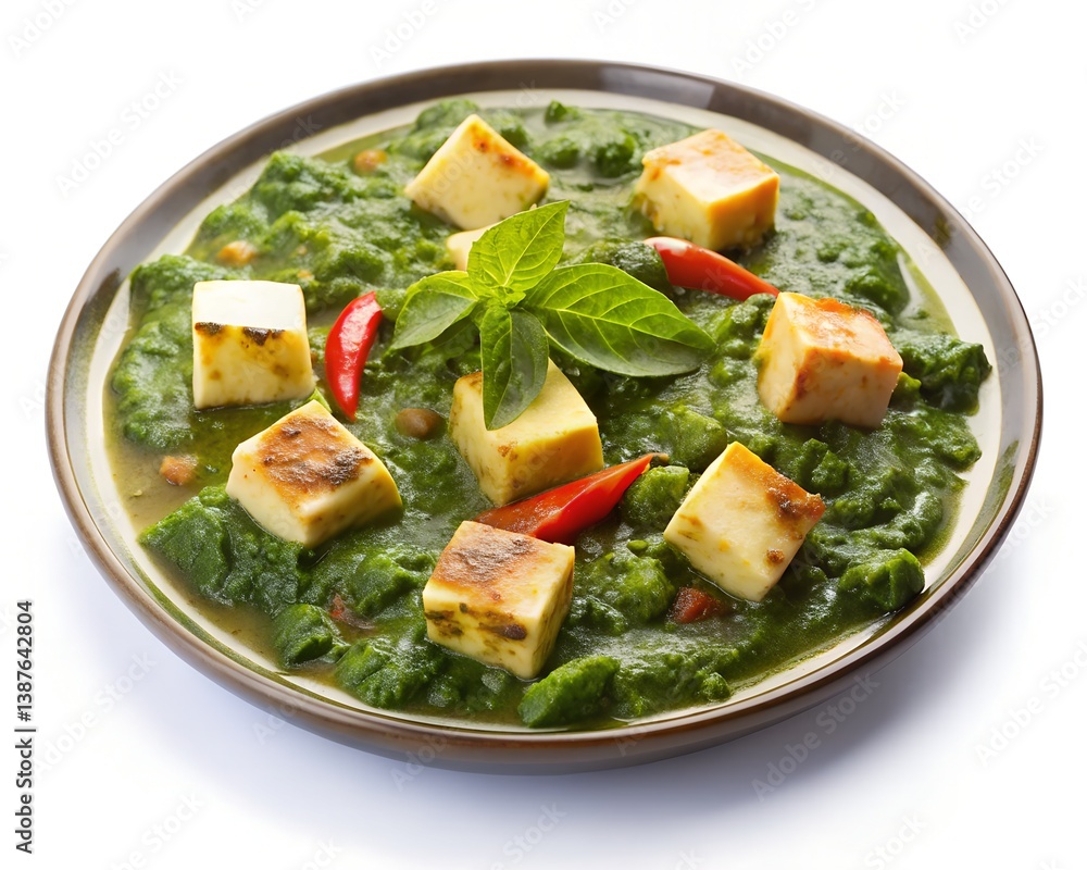 Palak Paneer Delight: A mouthwatering photo captures a plate of palak paneer, a classic Indian dish. The image showcases tender paneer cheese cubes floating in a vibrant spinach gravy. Palak Paneer Delight: A mouthwatering photo captures a plate of palak paneer, a classic Indian dish. The image showcases tender paneer cheese cubes floating in a vibrant spinach gravy.