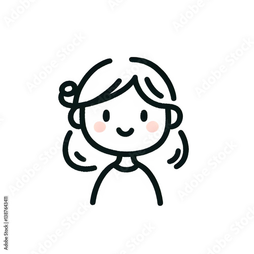 Smiling girl line drawing, black and white, happy child illustration against a white background