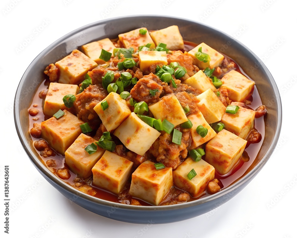 Culinary Delight: A top-down perspective showcases a bowl of flavorful dish, featuring golden tofu cubes, ground meat, and a vibrant sauce, artfully garnished with fresh green scallions. Culinary Delight: A top-down perspective showcases a bowl of flavorful dish, featuring golden tofu cubes, ground meat, and a vibrant sauce, artfully garnished with fresh green scallions.
