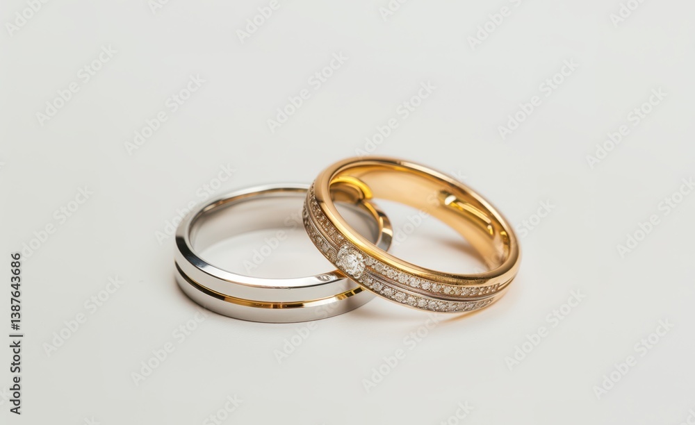 Sparkling wedding rings with diamonds symbolizing eternal love, unity, and marriage commitment against pristine white backdrop Sparkling wedding rings with diamonds symbolizing eternal love, unity, and marriage commitment against pristine white backdrop
