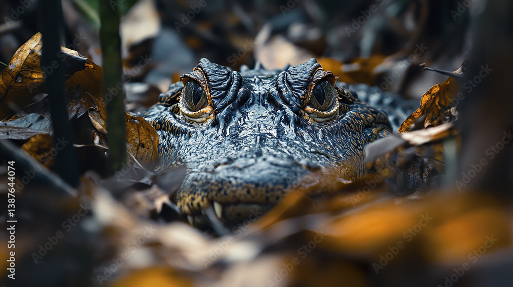 Obraz premium Crocodile camouflaged among leaves and branches, eyes alert